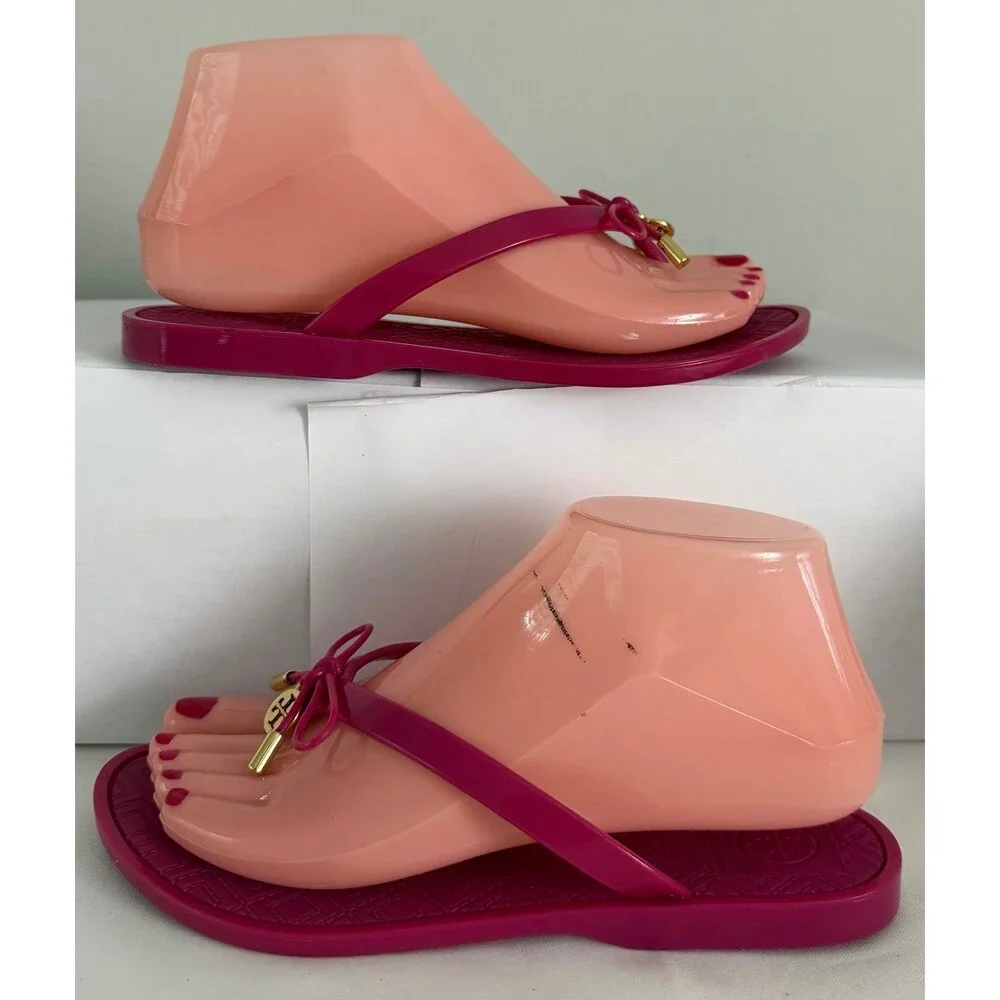 Tory Burch Womens Jelly Sandal Size 6 Hot Pink Thong Flip Flop Bow Charm Casual